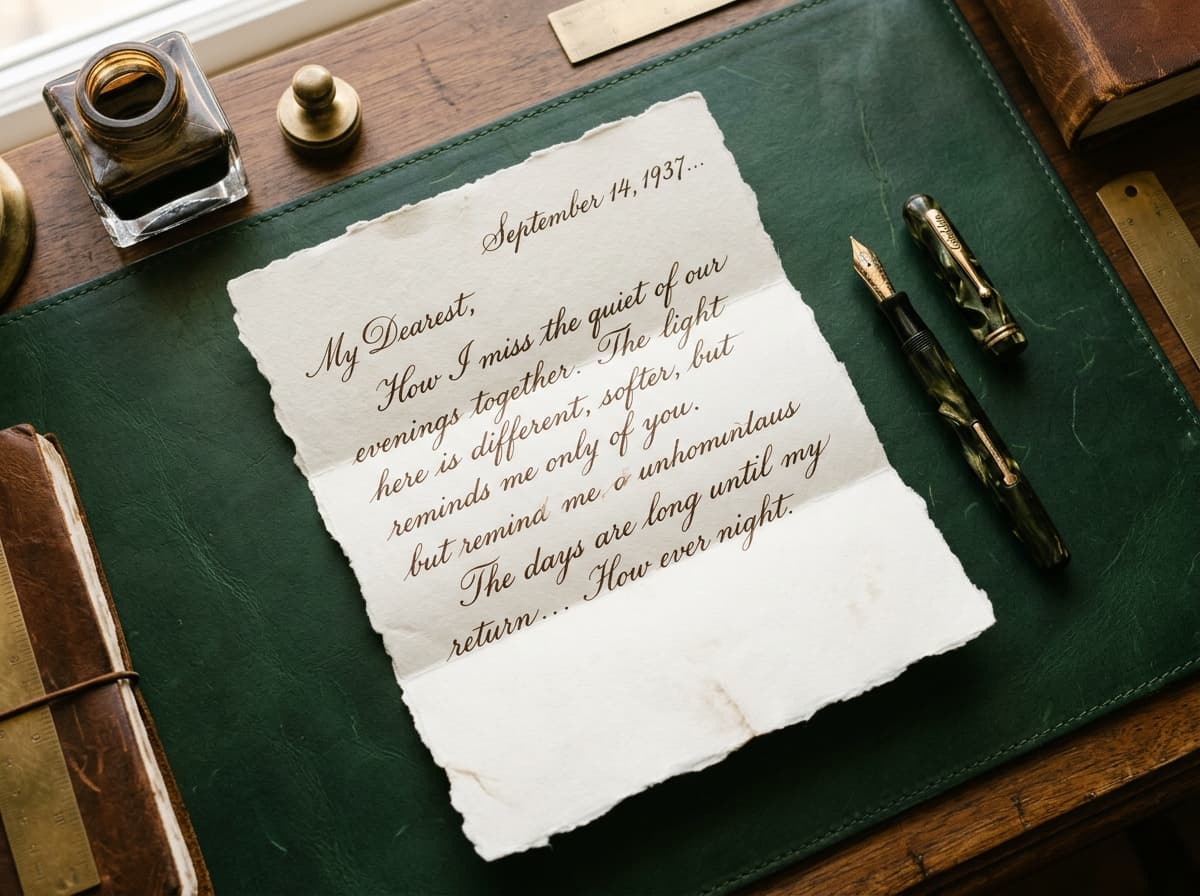 Handwritten letter on cotton paper resting on forest green desk mat with vintage fountain pen