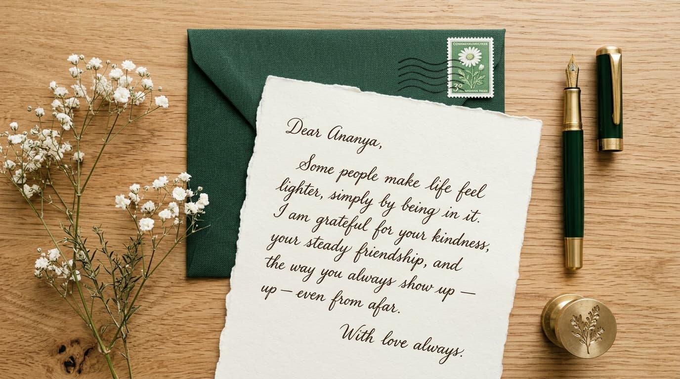 Handwritten letter to Ananya on deckled cotton paper with green envelope, green daisy stamp, gold fountain pen and oak seal