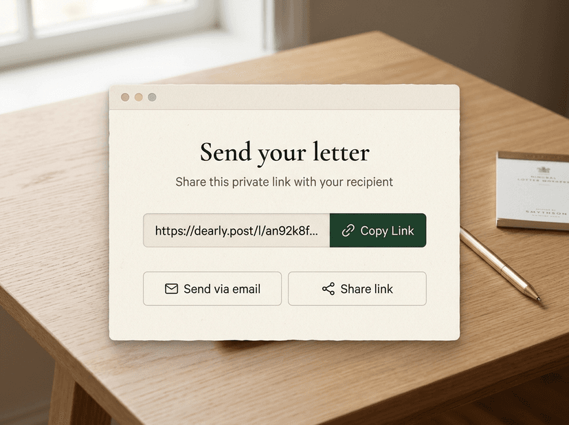 Dearly Post private letter share modal with copy link button