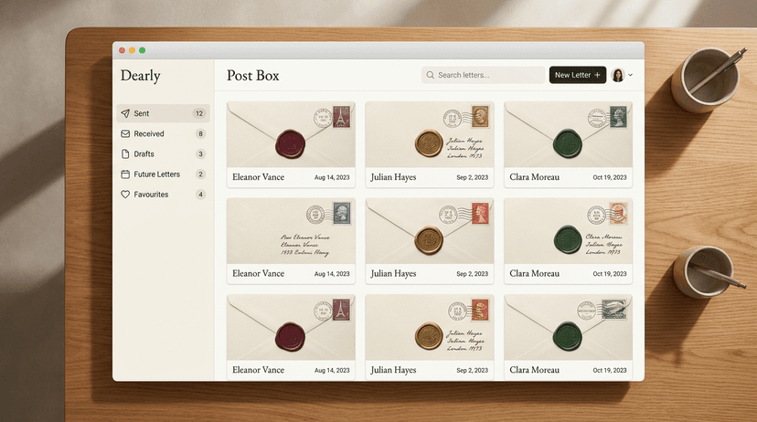 Dearly Post Box archive interface with organized letter folders