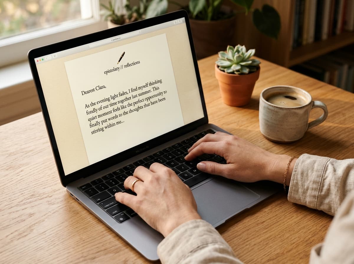 Person typing a letter on laptop at desk with Dearly stationery